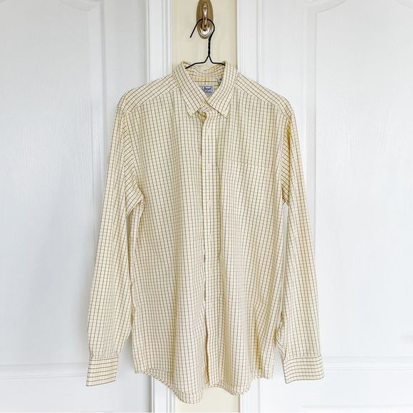 LLBean 15 1/2 - 35 Yellow Blue Checkered Button Down Dress Shirt 100% Cotton - Picture 1 of 9